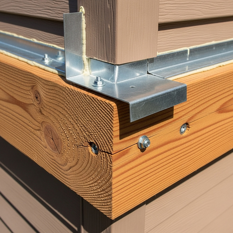 Close-up of balcony ledger board with flashing detail