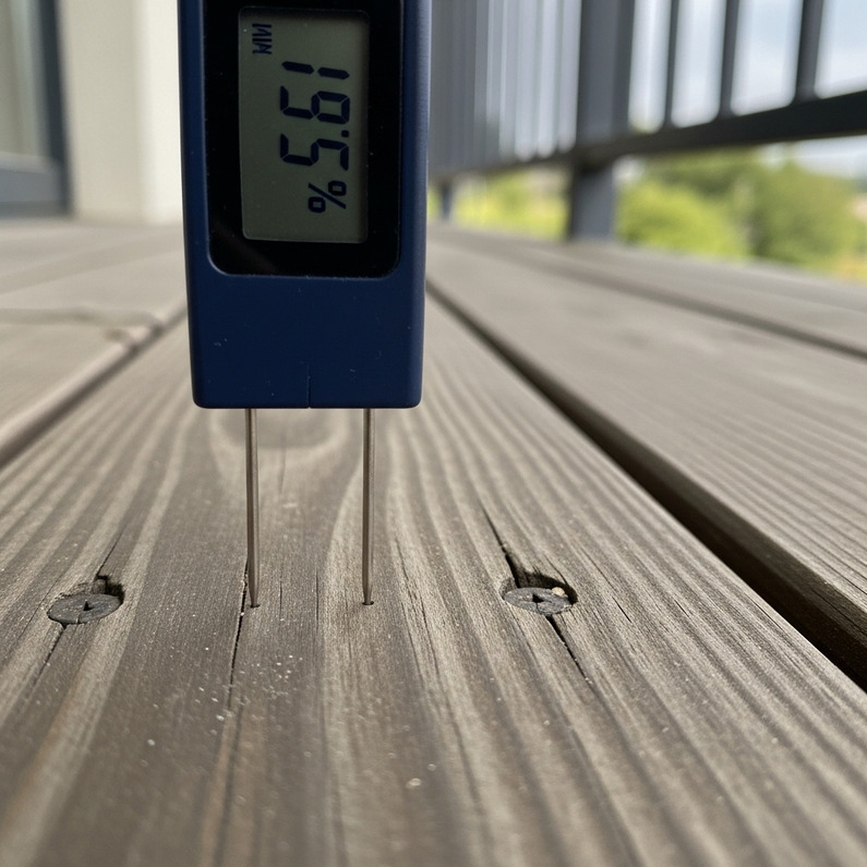 Close-up of moisture meter testing balcony wood