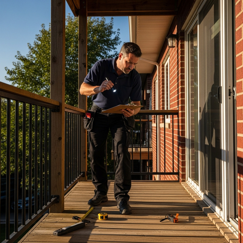 Licensed inspector evaluating underside of a wood-framed balcony