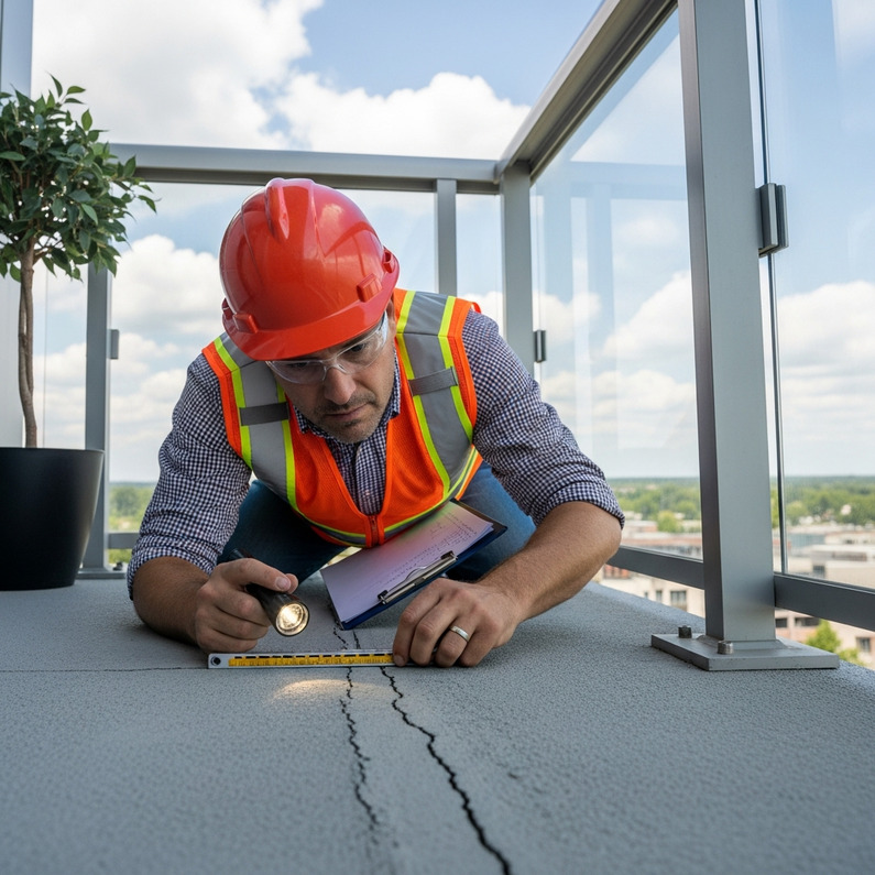 Licensed structural engineer inspecting a condominium balcony